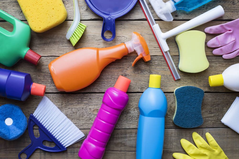 House cleaning product on wood table